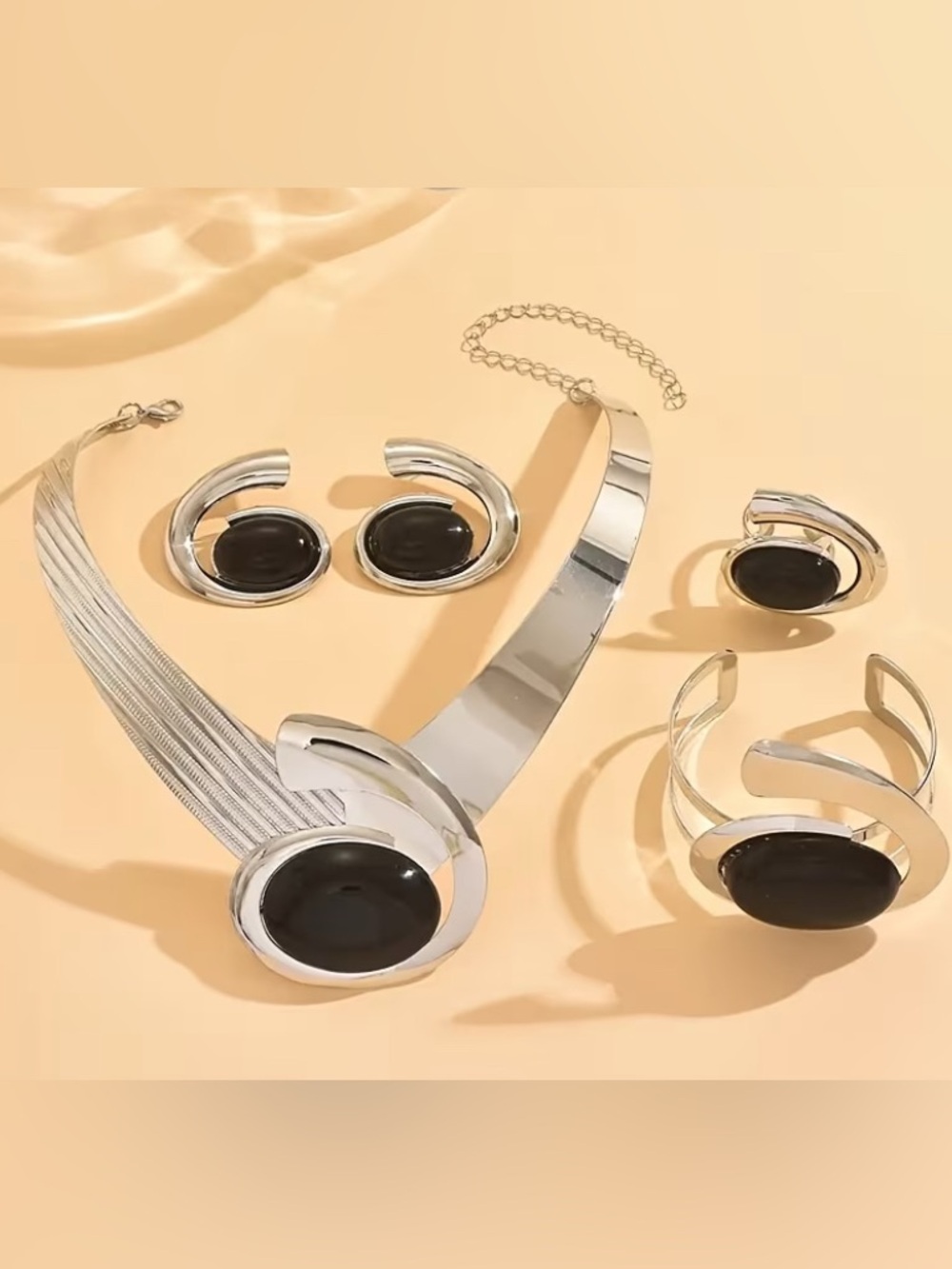 Silver-Tone Black Stone Necklace and Earring Set
